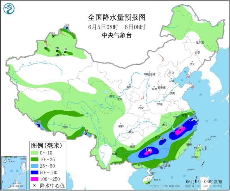 图4 全国降水量预报图(6月5日08时-6日08时) 江南华南有持续性强降水 华北黄淮有持续性高温天气